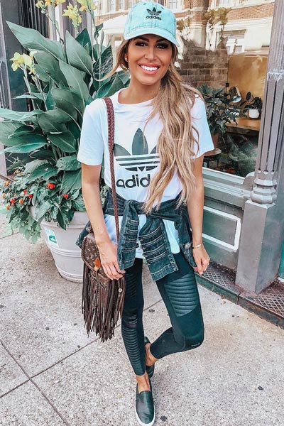 30 Trendy Fall Clothing Ideas for Every Day of Month | Adidas Women's Tee + Adidas Baseball Hat + Leather Leggings + Vince Sneakers
