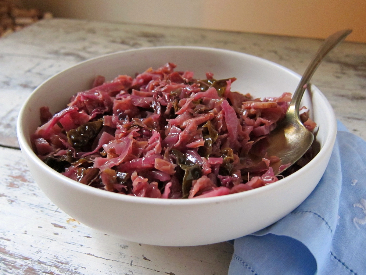 last call for corn red cabbage braised with apples, bacon, maple, and