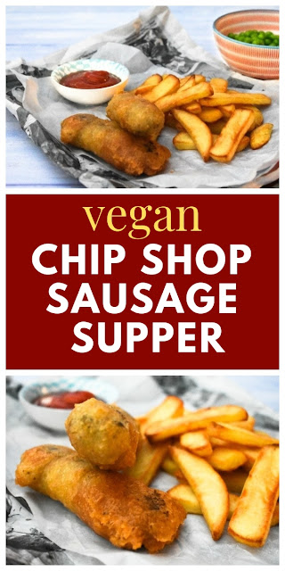 Vegan Chip Shop Sausage Supper. A simple recipe for chip shop style sausages in batter. The beer batter is flavoured with spices for a warm flavour, with a fabulous crunch. #chipshop #veganchipshop #fakeaway #takeaway #sausagesupper #vegansausages #plantbased #beerbatter #beerbattered