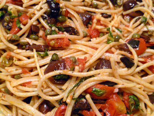 LEMON CHIFFON CAKE: Pasta with Roasted Tomatoes, Kalamata Olives and Capers