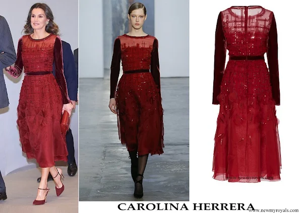 Queen Letizia wore Carolina Herrera burgundy embroidered silk organza midi dress