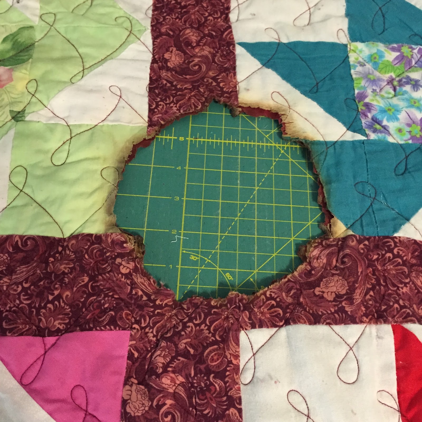 Crazy Sue 62 Mending the "Small" burn holes in a quilt...