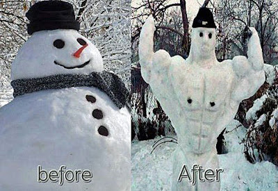 Lustige Winterbilder - Schneemann vorher nachher Foto Lustige Winterbilder - Schneemann vorher nachher Foto