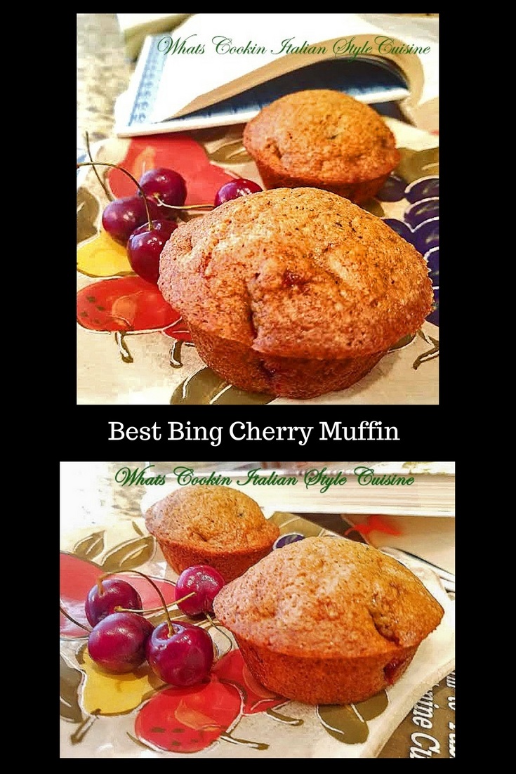 These are muffins baked with fresh cut up sweet bing summer cherries. They are sweet, moist muffins with chopped cherries inside baked on a fruit designed plate