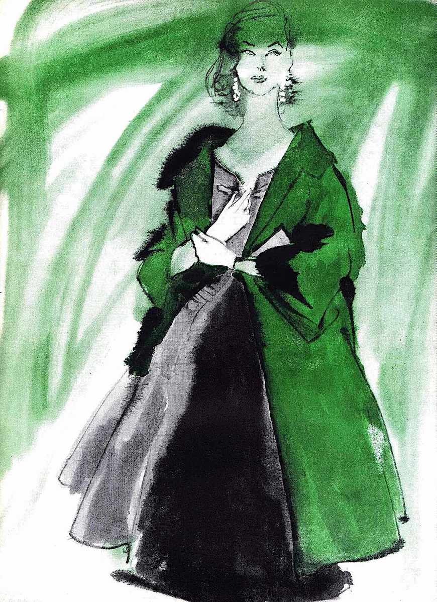 1955 fashion A 1955 fashion illustration of fur in green
