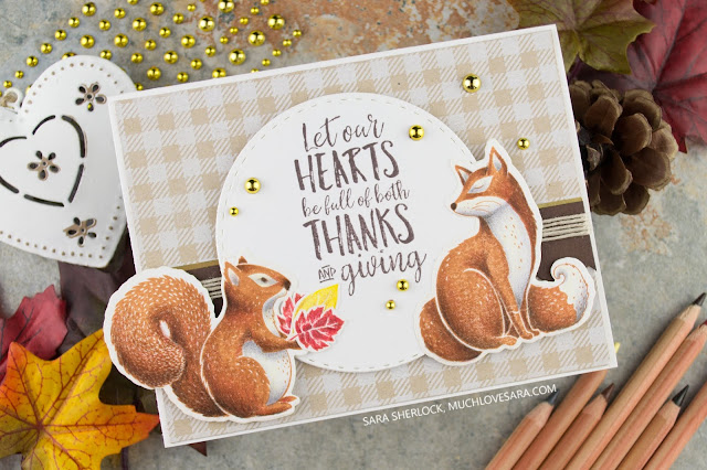 This fun, fall card was created using the Fun Stampers Journey Thankful Friends Stamp & Die Bundle, and the Flannel Life background stamp.  