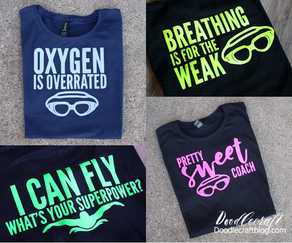 Cricut Maker and Easypress 2 made t-shirts for swimmers with puns and funny phrases.