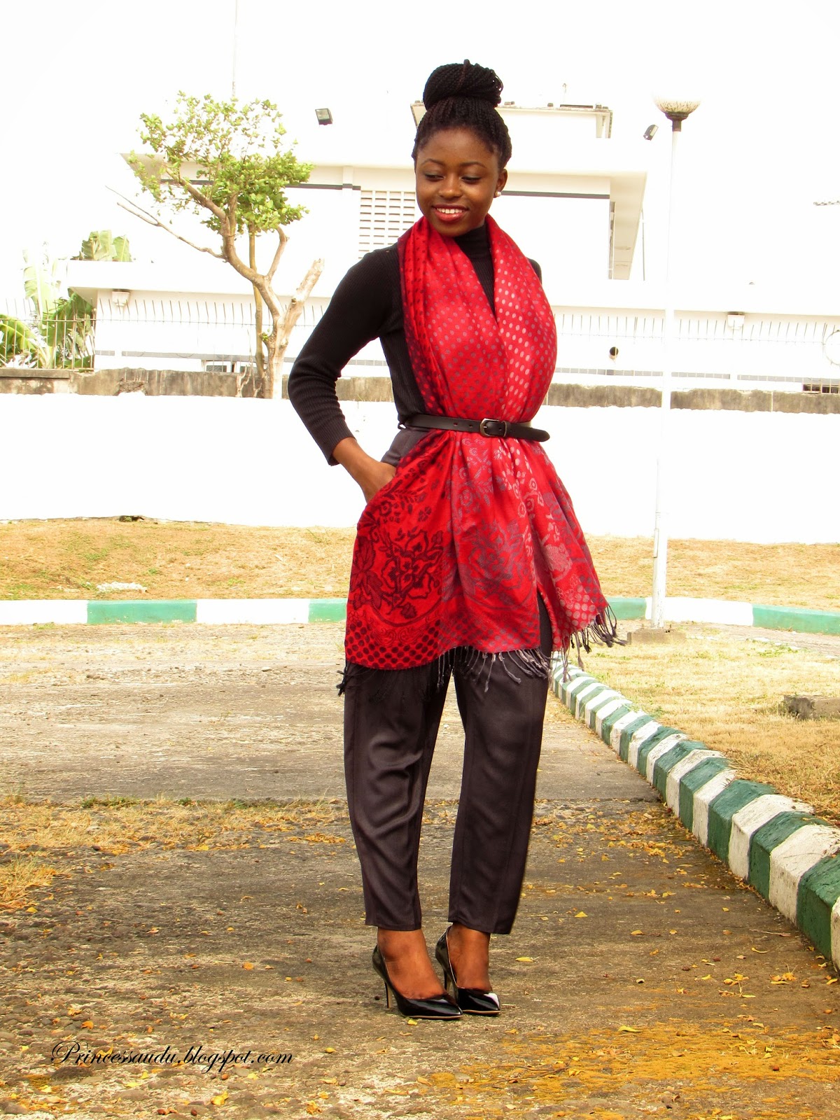 The Belted scarf, turtle neck top, high-waist pants, black pumps, court shoes, 2015 trend