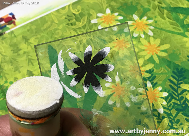 creating a garden using Dylusions acrylic paint with stencils and foam stamps