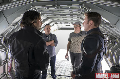 Chris Evans, Sebastian Stan, Joe and Anthony Russo on the set of Captain America: Civil War