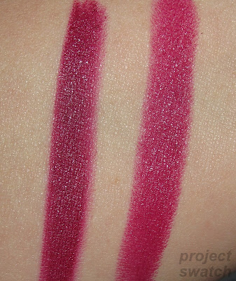 OCC Black Dahlia, MAC Rebel - comparison swatches - dupes