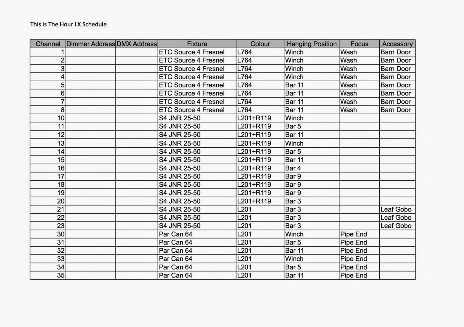 Smtt Lighting Pre Production Lx Schedule Smtt Lighting Pre Production Lx Schedule