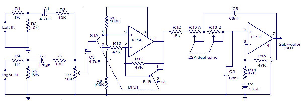 Car Subwoofer filter using OP Amp IC TL072 |amplifier circuit schematic