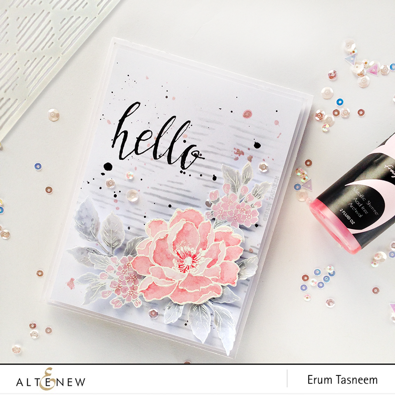 Altenew Beautiful Day stamp set watercolored using Frosty Pink Metallic Shimmer Spray. Background created using Sketched Lines stencil. Greeting from the Halftone Hello stamp set by @pr0digy0