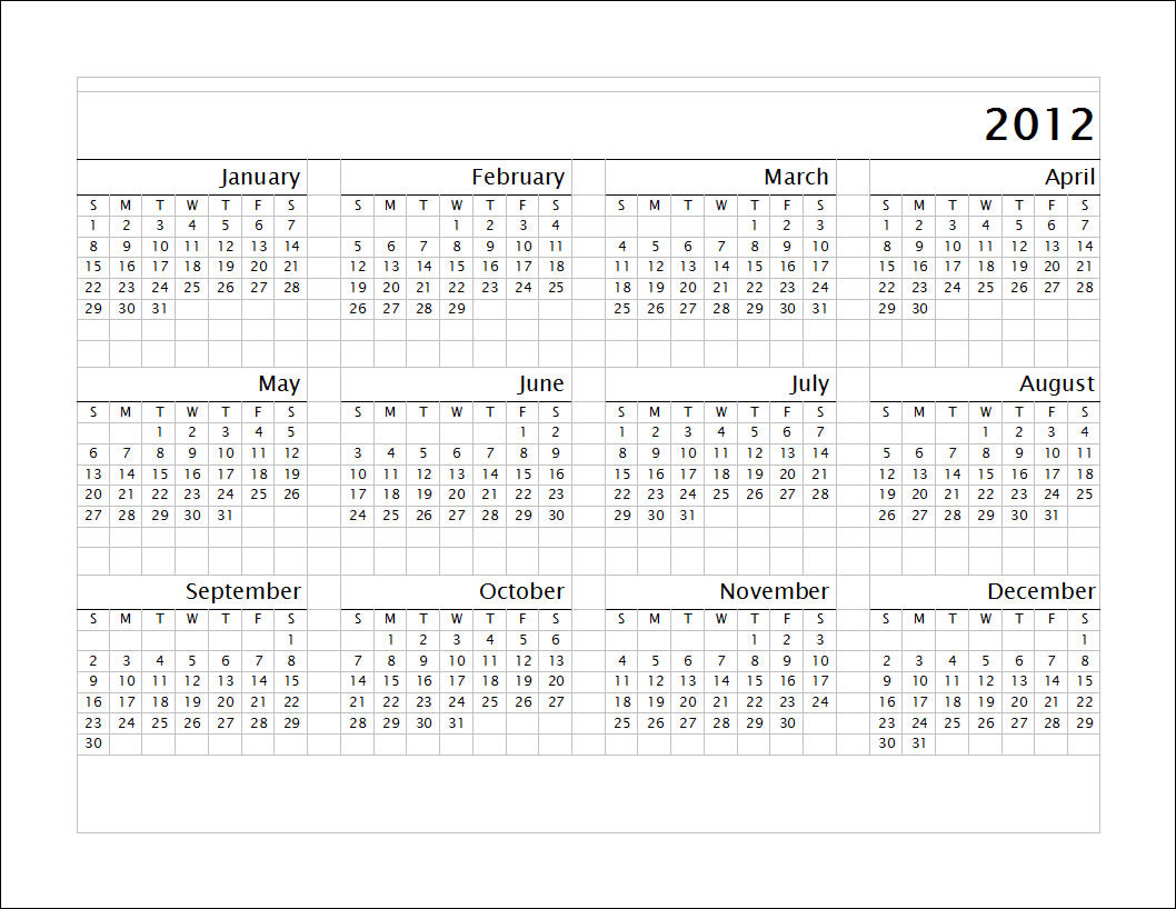 2012 Calendar Download - Ready to Print, 12 Months in One Page - TechPinas