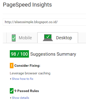 hasil pengujian template SL SEO Simple dengan PageSpeed Insights Google [tampilan Desktop]