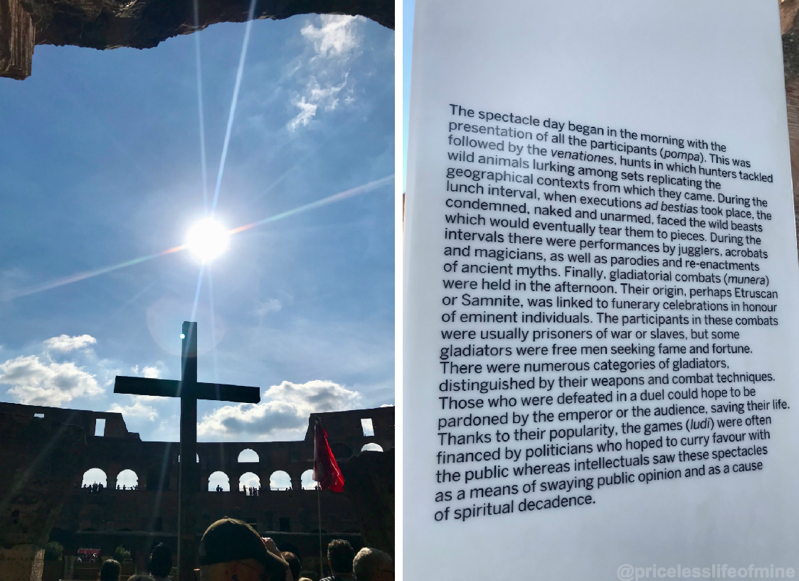 inside the Colosseum with image of a cross and also information sign about the gladatorial events that took place