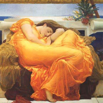 painting of a woman in a flowing orange dress curled up and sleeping