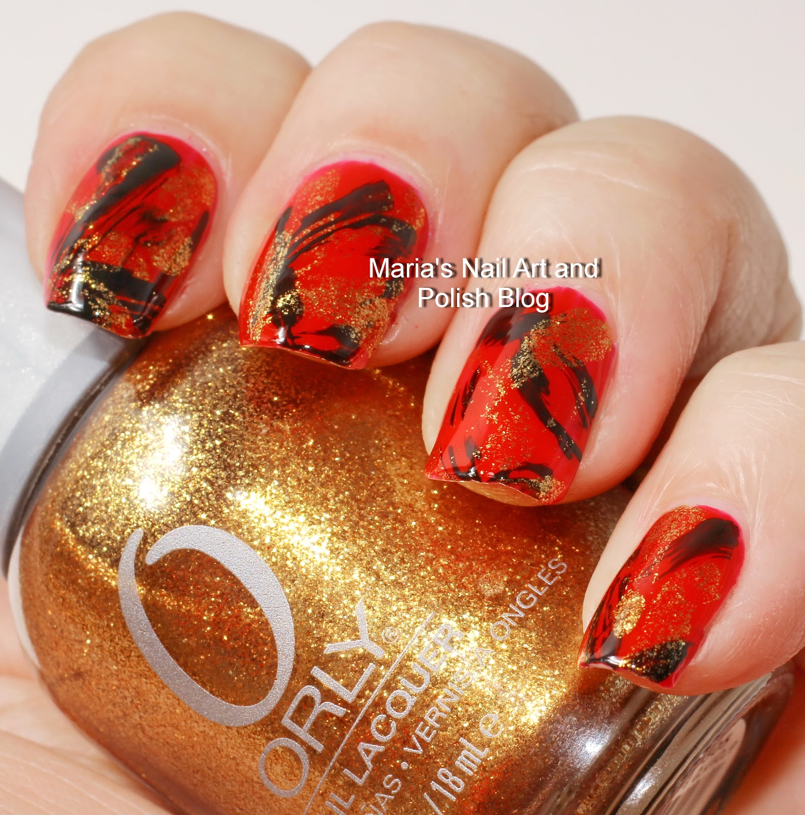 Marias Nail Art and Polish Blog: Red, gold and black brush stroke nail art