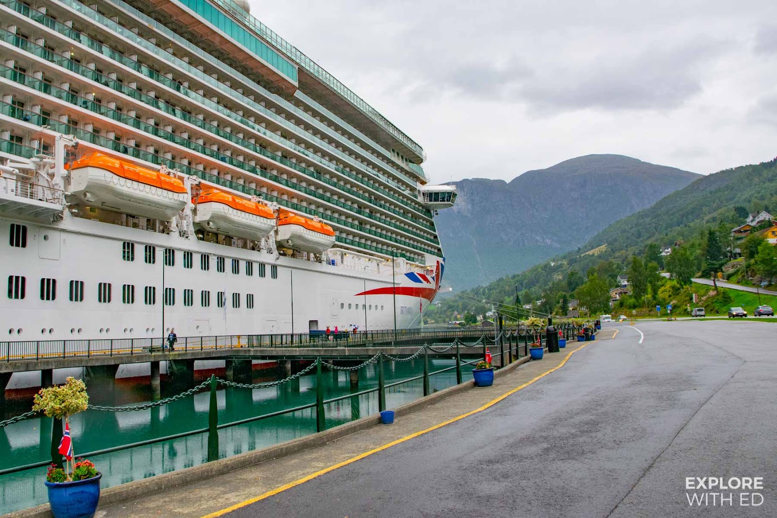 P&O cruise ship Britannia docked in Olden on a Norwegian Fjords cruise