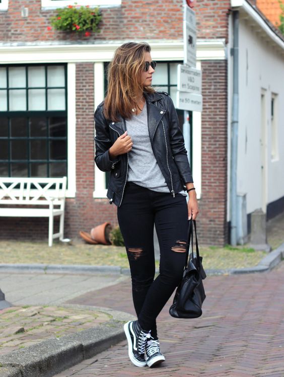 Street Style  - Biker Jacket + Black Vans Sk8 Hi Sneakers