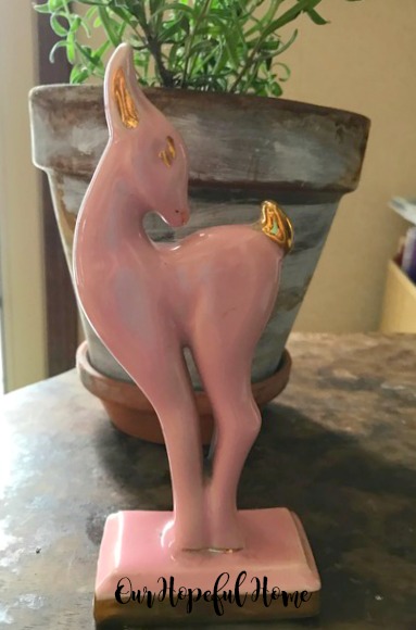 MCM Art Deco pink gazelle statue gold accent