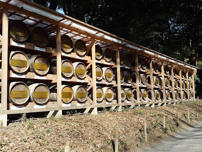 A row of sake crates at Meiji Jingu Tokyo Japan