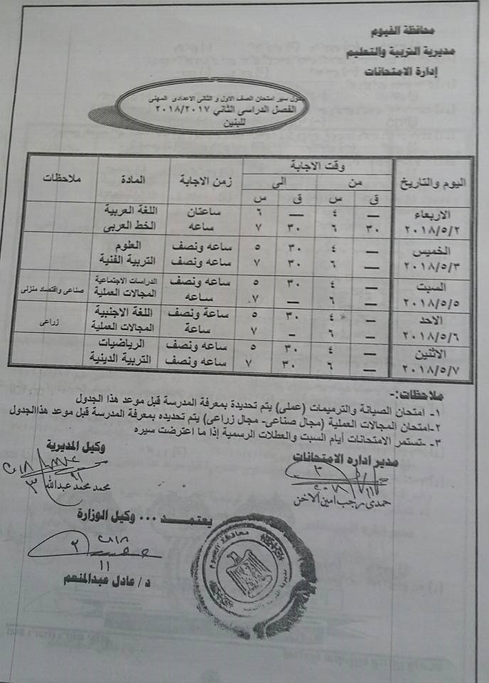 جداول امتحانات محافظة الفيوم الترم الثاني 2018 0%2B%25285%2529