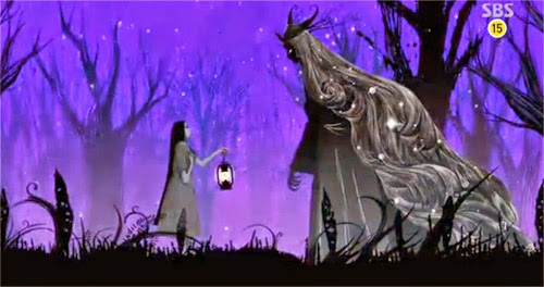 The mother and Goddess of Night meet in the forest of dead trees against a purple background.