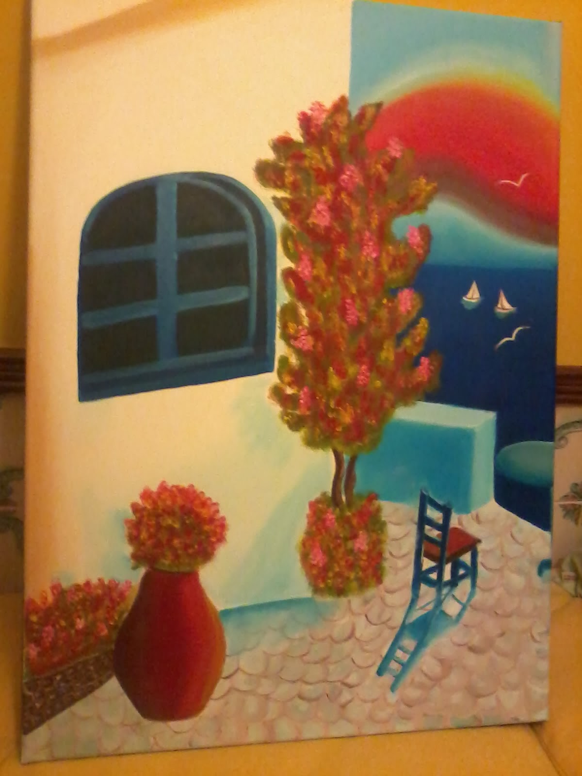 Quadro a óleo pintado pela minha filhota - Paisagem grega