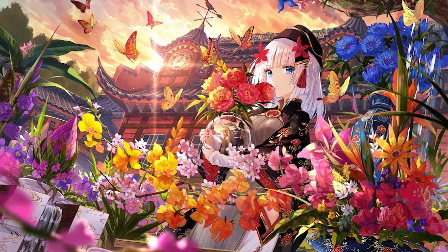 Anime Girl Butterfly Beautiful Flowers 8k Wallpaper 129