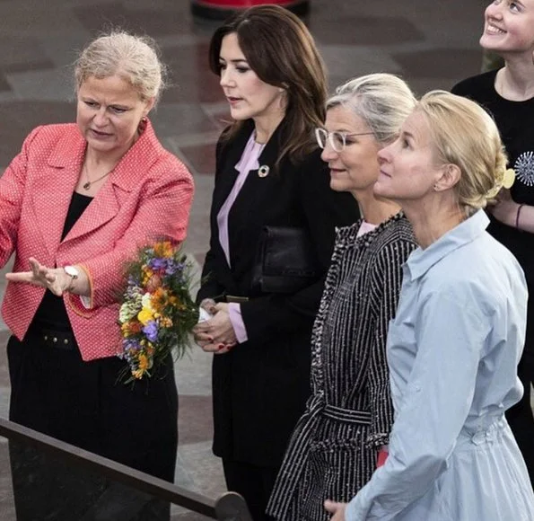 Crown Princess Mary wore Zara frock coat, Boss banora silk blouse, Valentino qockstud pumps, Dulong earrings