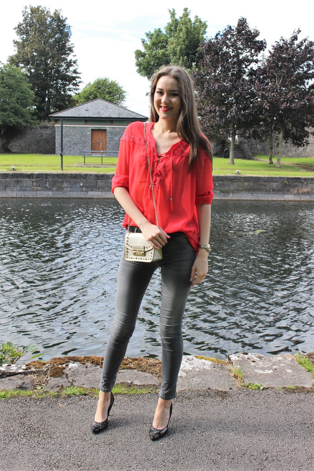 OOTD 54 Elegant Outfit The Kooples Red Chiffon Blouse with Lacing