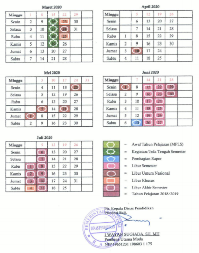  Kalender Pendidikan (Kaldik) Tahun Pelajaran 2019-2020 Provinsi Bali 