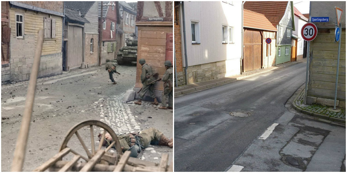Comparison Then and Now Photos of a Street in Germany During WWII vs