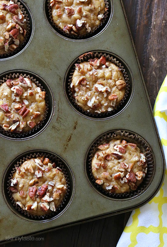 Delicious, low-fat banana muffins sweetened with pure maple syrup and topped with crushed pecans.