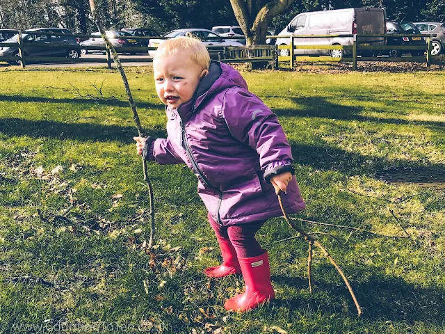 A toddler in a coat and wellies holding long sticks on a patch of grass
