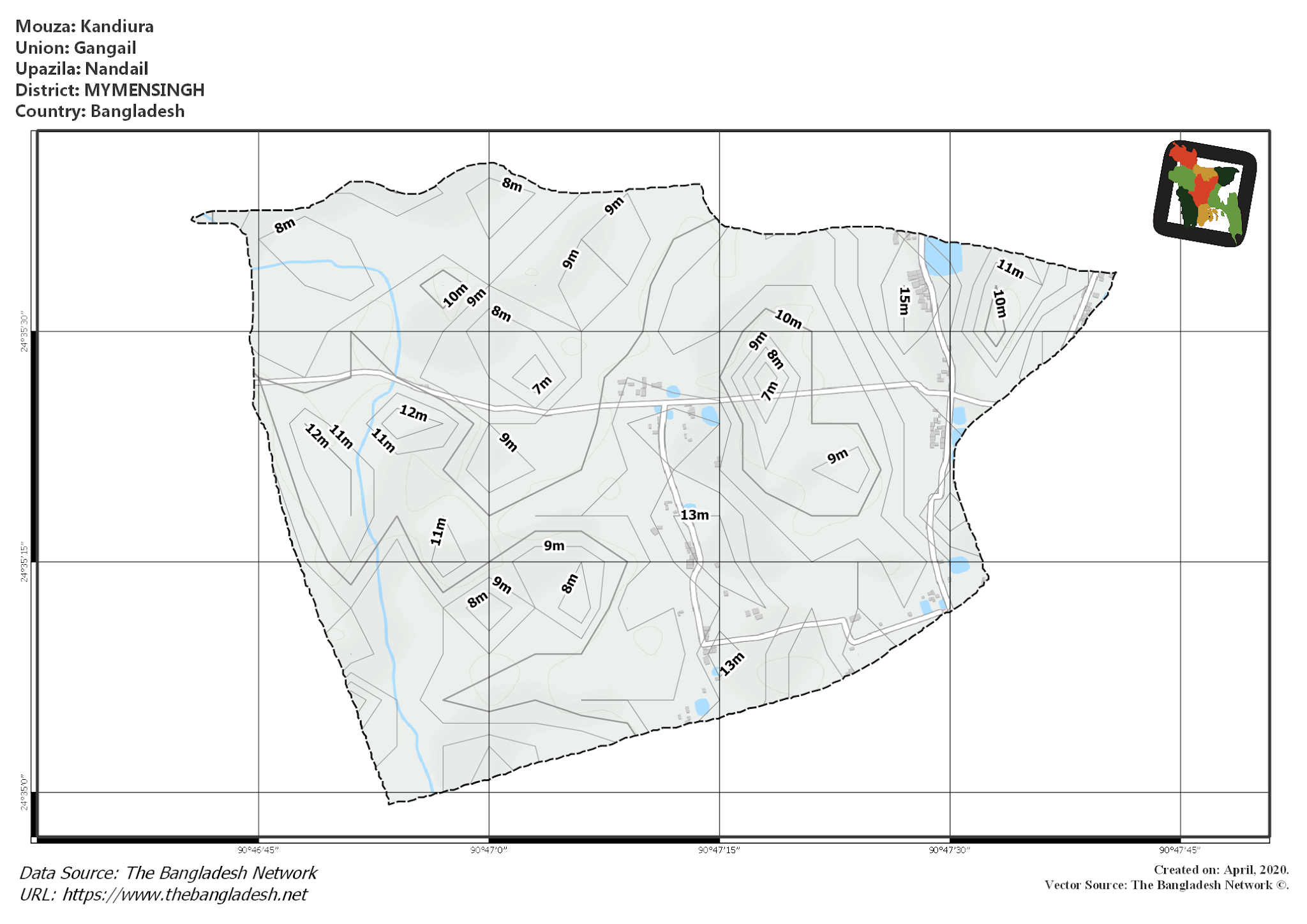 Map of Kandiura Mouza of Nandail Upazila, MYMENSINGH, Bangladesh.