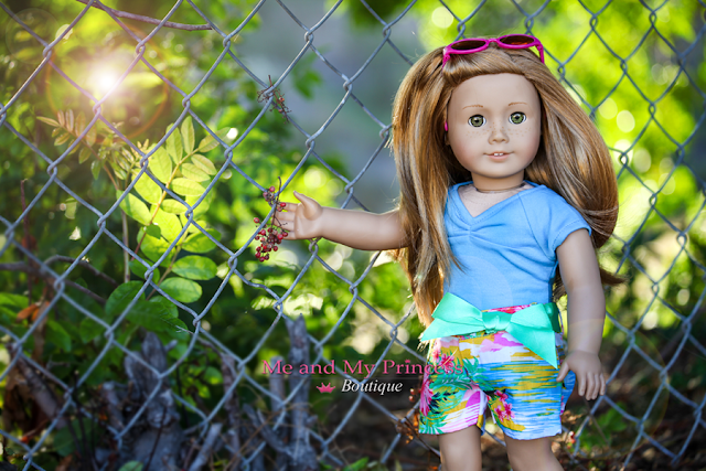 Summer Hawaiian Shorts, Top and Fringed Metallic Shoes Outfit fits American Girl Doll