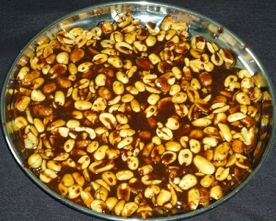 peanut jaggery mixture poured in a plate