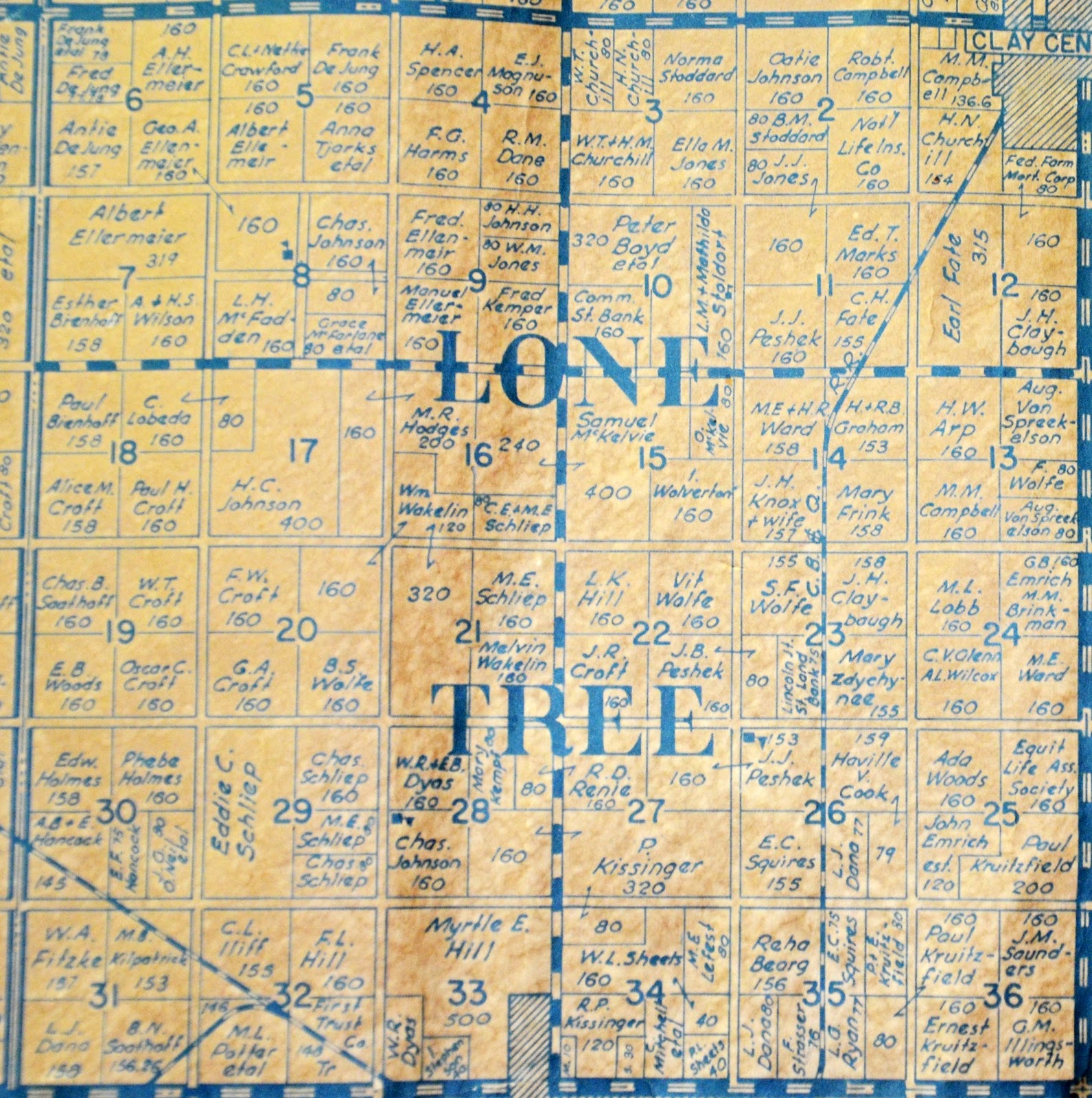 Sutton Nebraska Museum 1937 Plat Map of Lone Tree Township, Clay County
