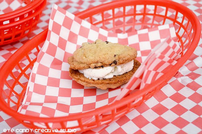 mini ice cream sandwich, scoop ice cream, cookies, picnic basket