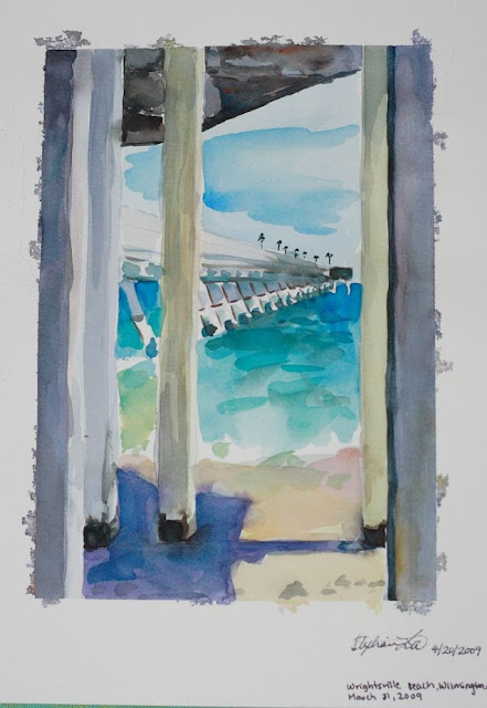 [Image of an oceanscape from beneath a bridge looking through the columns at a pier. Water is shades of turquoise. Edges of the painting aren't straight as paint had seeped underneath the tape of the edges.]