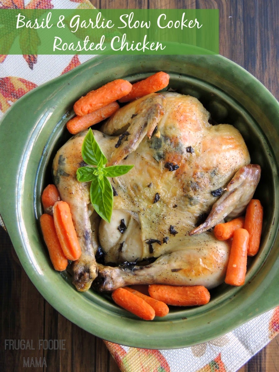 Forget that store bought rotisserie chicken! This flavorful & juicy Basil & Garlic Slow Cooker Roasted Chicken slow cooks in your crock pot all day.