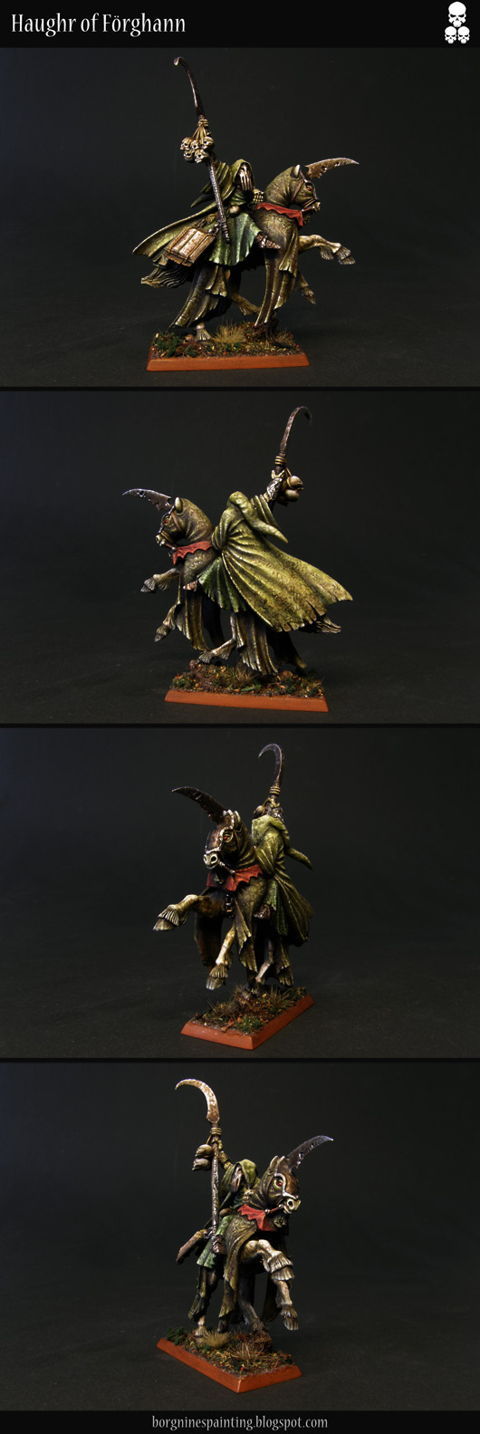 A converted metal Chaos Sorcerer miniature, turned into a mounted Necromancer, visible from different angles. The color scheme is dirty green, he's holding a scythe/staff and has a metal skull-mask on his face.