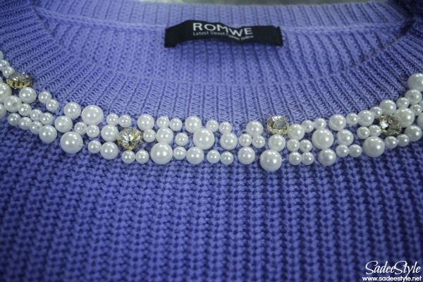 Pearls Neckline Puff Purple Sweater Pearls Neckline Puff Purple Sweater