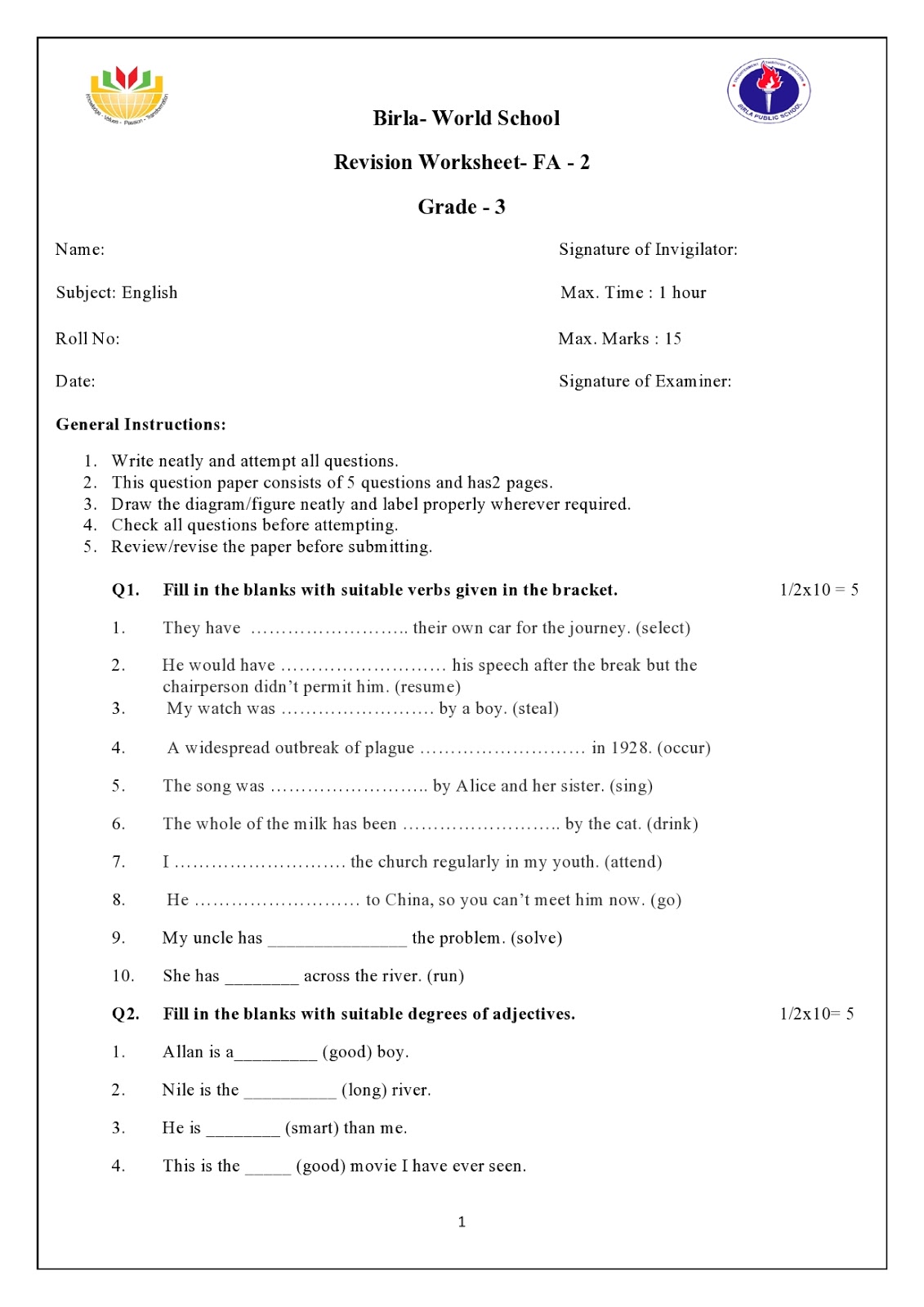 worksheet Hindi Worksheets For Grade 4 birla world school oman revision worksheet sample paper for grade hindi