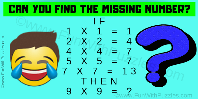 IF  1 X 1 = 1,  2 X 2 = 4,  4 X 4 = 7,  5 X 5 = 7 and  7 X 7 = 13  THEN  9 X 9 = ? Can you solve this Maths Reasoning Puzzle Question for 8th Grade Students?