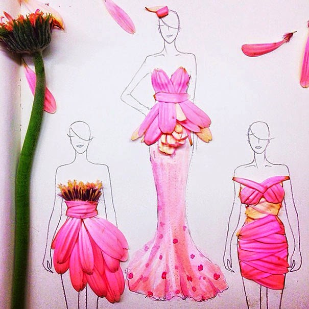 Fashion Illustrations With Real Flower Petals As Clothes
