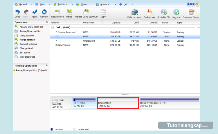 Cara Menambah dan Mengurangi Ukuran Partisi Hardisk Komputer, cara memperbesar ukuran partisi, cara menambah partisi C, cara menambah ukuran Disk C, cara menambah partisi system windows, cara merubah partisi windows tanpa kehilangan data, cara merubah ukuran partisi hardisk anpa install ulang, tutorialengkap.com